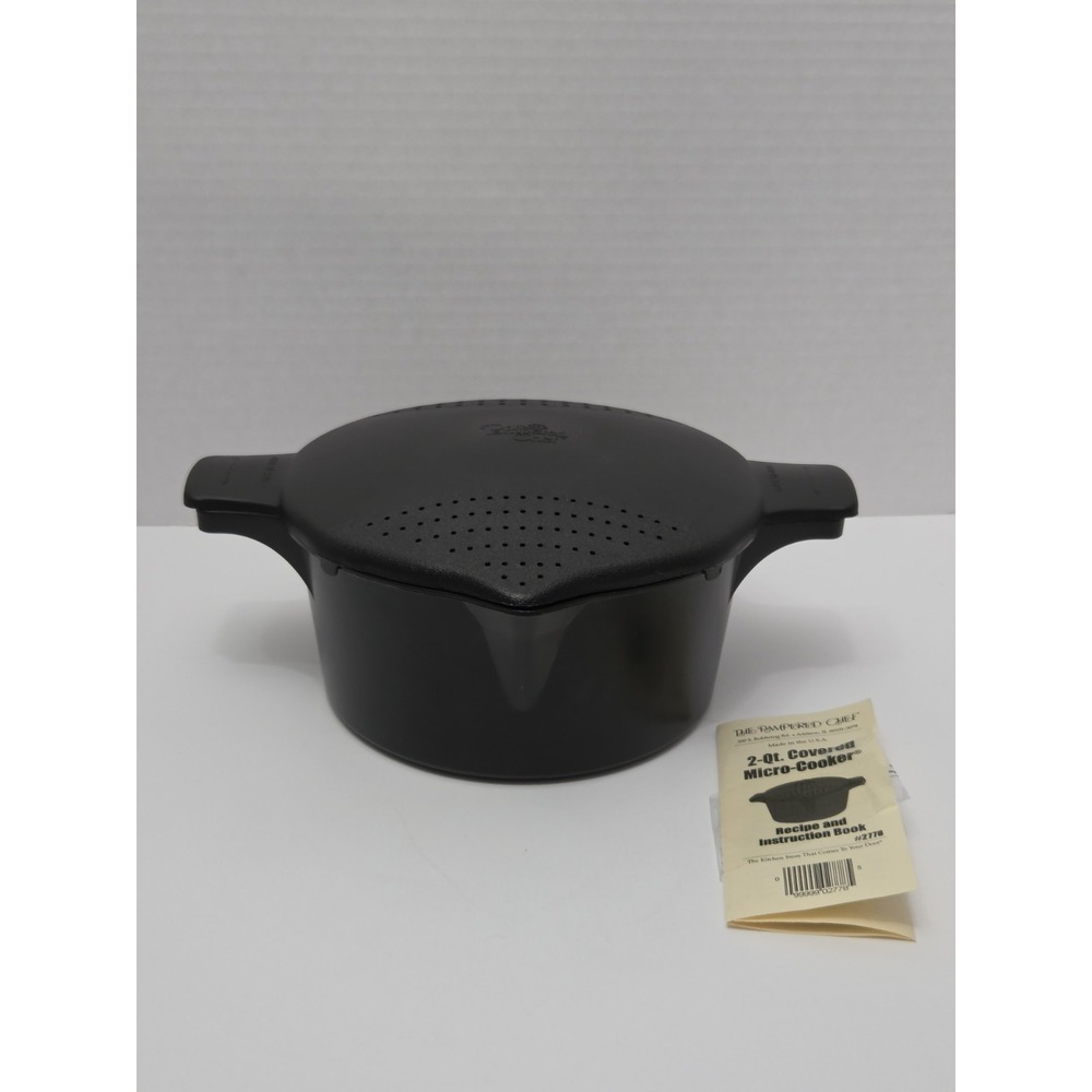 PAMPERED CHEF LARGE 8 Cup 2 Qt MICRO-COOKER MICROWAVE STEAMER STRAINER LID Black